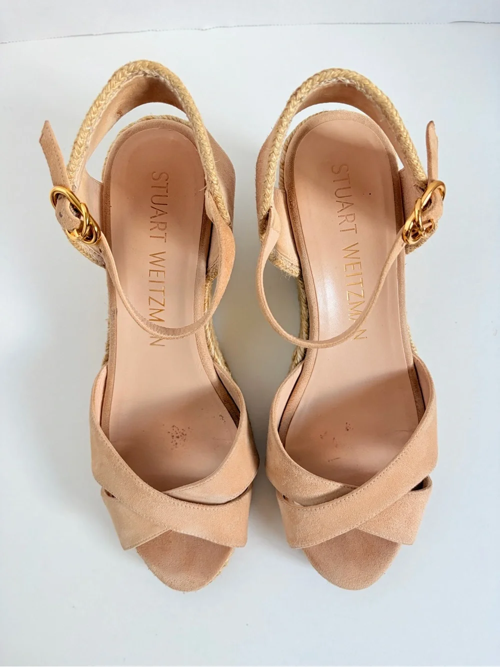 Stuart Weitzman Espadrille Wedge Sandals Platform Suede Raffia Tan Beige Size 9 - Picture 7 of 14